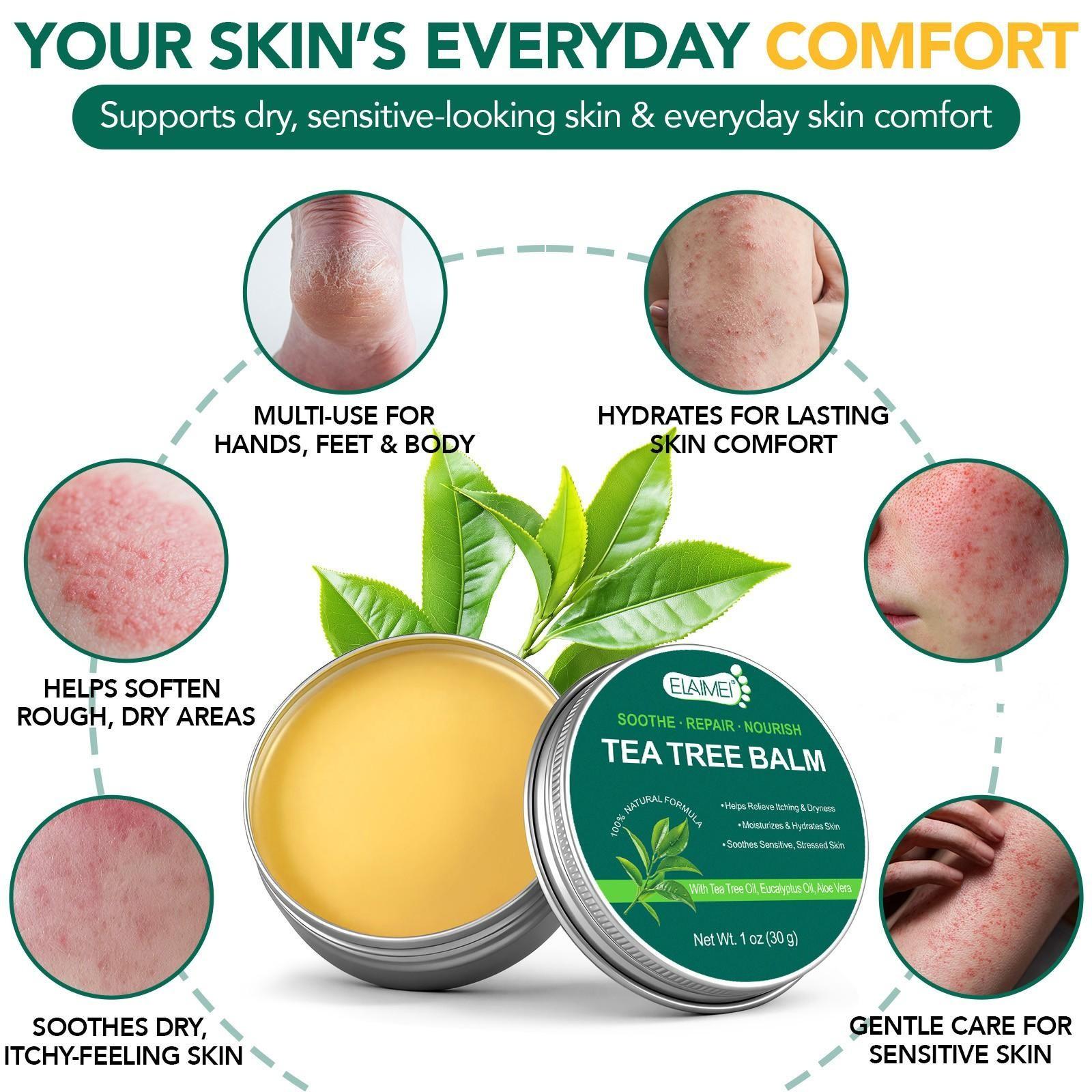 ELAIMEI Multi-Purpose Tea Tree Oil Balm, suitable for sensitive skin, soothes skin issues caused by dryness, provides rapid relief, moisturizes dry skin, and offers long-lasting hydration