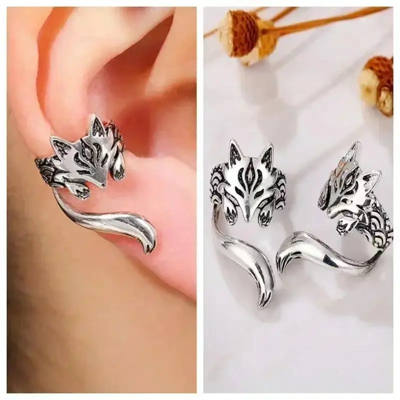 Distressed Silver Fox Ear Clip Earrings With Ear Hook Fake Piercing Artificial Gemstone Statement Earrings Funky Unique Jewelry Accessories For Daily Outfits