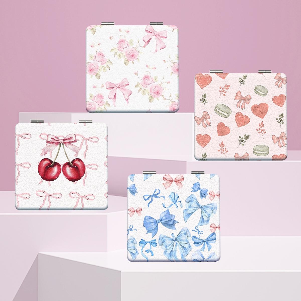 Bow & Cherry Pattern Makeup Mirror, 1 Count Foldable Handheld Travel Makeup Mirror, Portable Makeup Tool for Women & Girls, Daily Holiday Birthday Wedding Gift