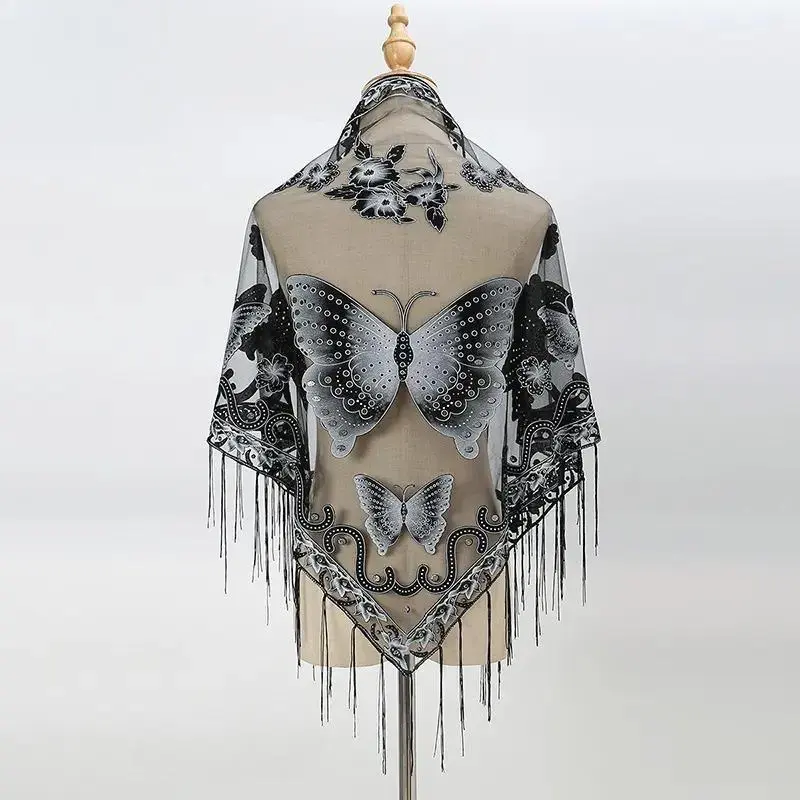 Feminine Mesh Fabric Triangle Scarf - Boho Floral Butterfly Print Twillies, Sheer Lace Tassel Fringe, Lightweight Drape Outdoor Leisure Shawl for Beach Party Daily Wear, Triangle Shape