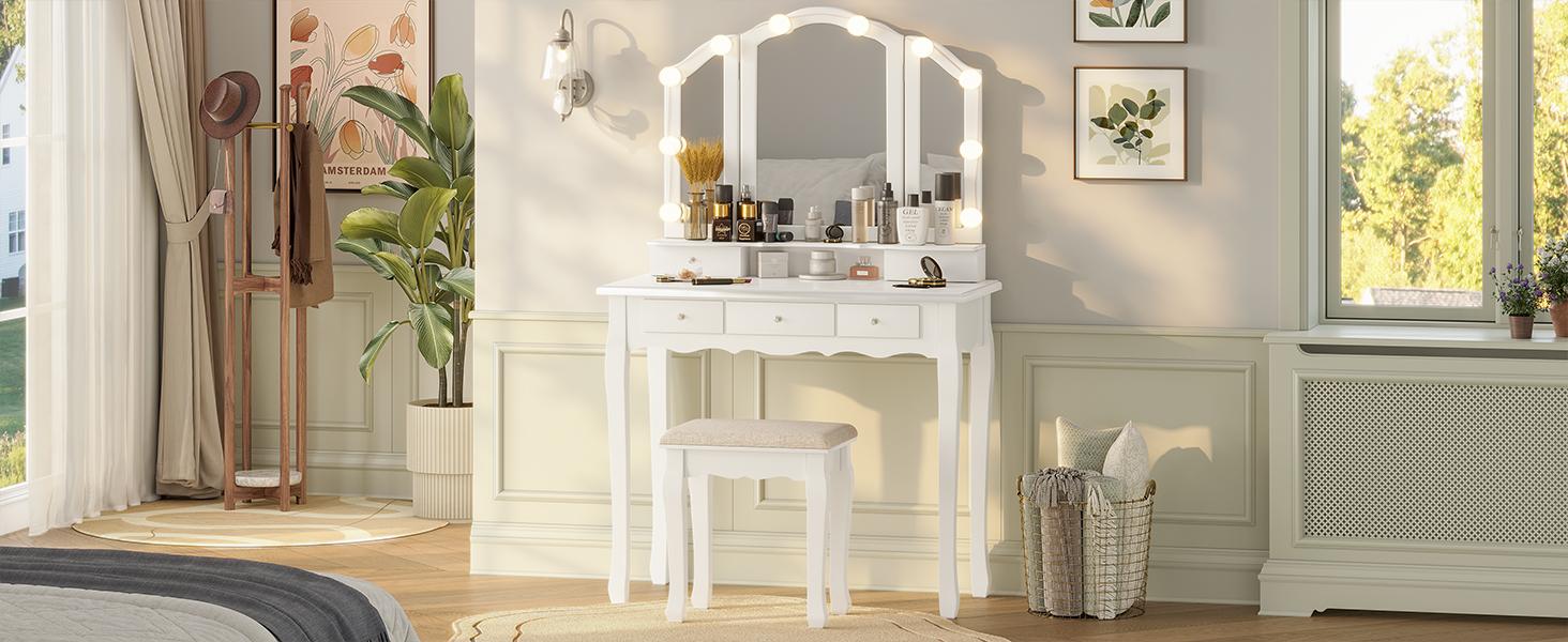 Sikaic Makeup Vanity with Lighted Mirror and Stool, Vanity Table Set with 5 Drawers, 3 Light Settings, White Furniture Bedroom