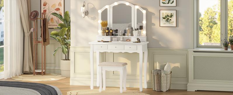 Sikaic Makeup Vanity with Lighted Mirror and Stool, Vanity Table Set with 5 Drawers, 3 Light Settings, White Furniture Bedroom