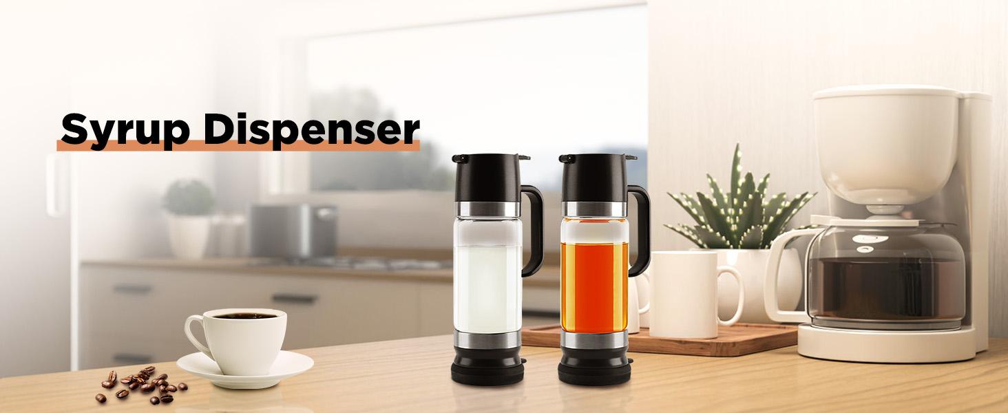 Coffee Syrup Dispenser, Honey Dispenser, 12 OZ Glass Syrup Bottles with Handle, No Drip Pouring, Coffee Bar Accessories for Coffee and Tea, Black 2 Pack