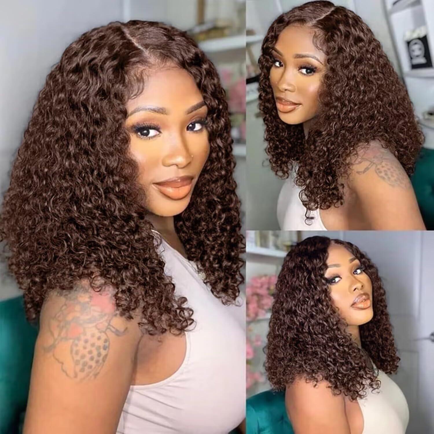 Chocolate Brown Curly Bob Transparent Lace Front Wigs Human Hair 180% Density 13x4 Bob Curly Lace Front Wigs Human Hair Pre Plucked for Black Women