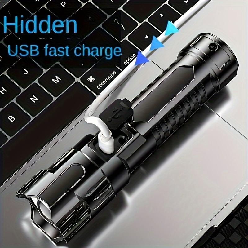 Strong LED Flashlight with 3 Levels Adjustable Brightness and Telescopic Zoom, USB Rechargeable, Durable Portable Flashlight for Camping, Hiking, Emergency Kit, Hiking Gear