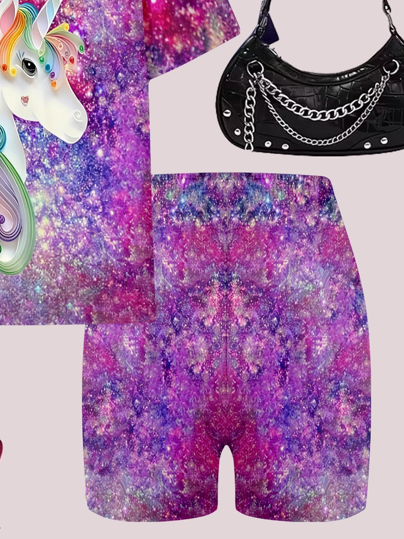 Girls Summer Rainbow Unicorn Galaxy Print Set, Kids Stylish Short Sleeve & Shorts Two-Piece Outfit