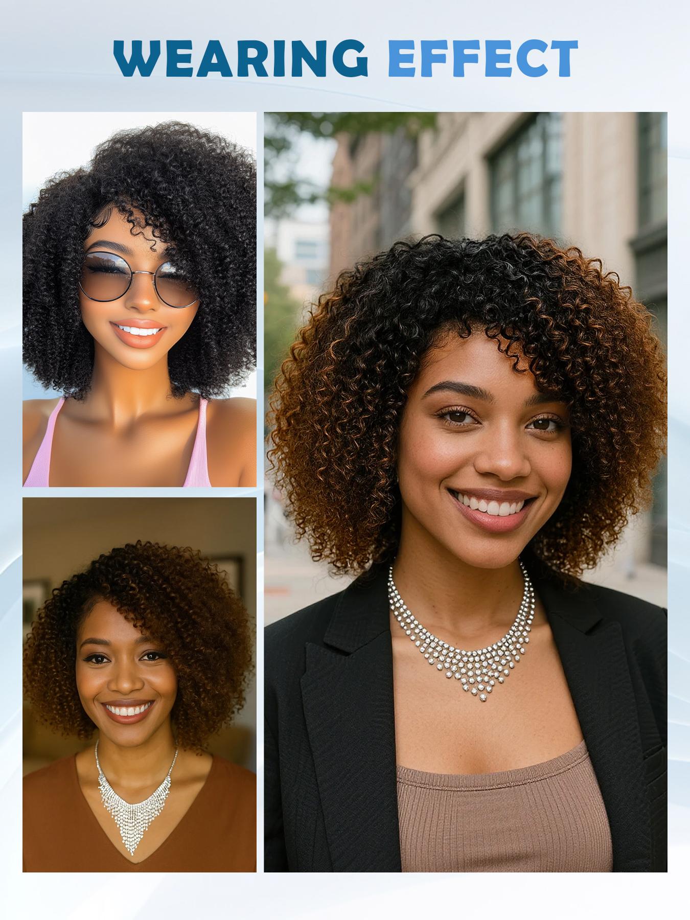 12 Inch Human Hair Wig Natural Curly Bob Soft Bouncy and Lightweight Ombre Brown with Black Roots Lace Front Wig with Pre Plucked Hairline Full Volume Daily Wear, Party, Glueless Hair Wigs, Glueless Frontal Wig
