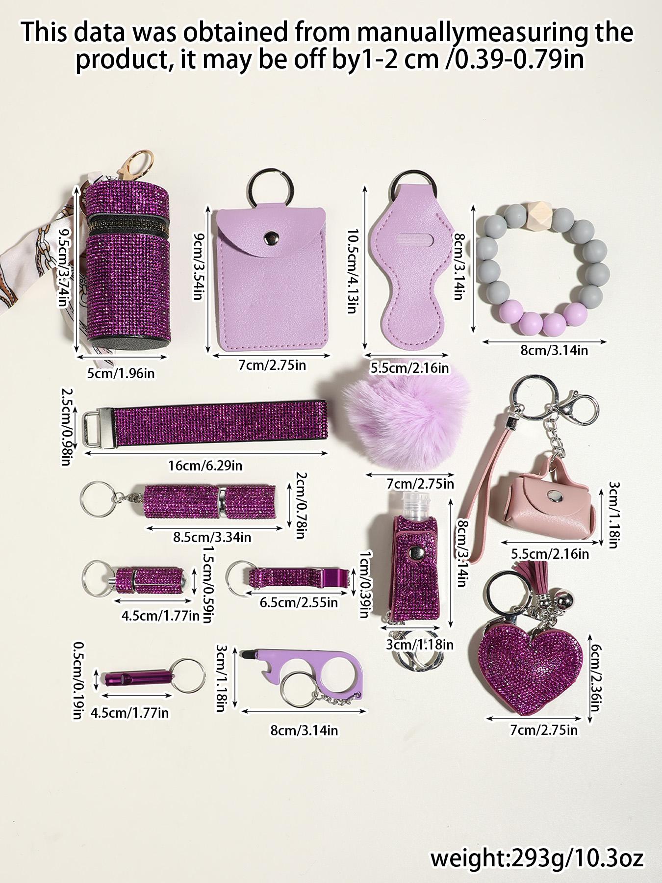 Cute and Powerful 14 Pcs Women's Safety Keychain Set Purple Glitter Blinged Out Bling Kit Includes Personal Siren Non Contact Tool Pepper Spray Holder Fluffy Ball Keychain Essential Gifts for Girls