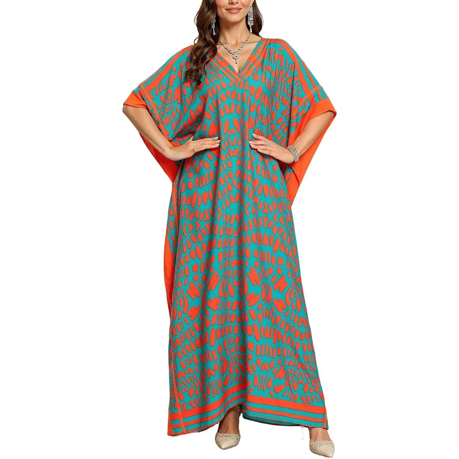Plus Size Women's Boho Batwing Sleeve Muumuu Caftan Dress with Side Slits, Long Nightgown & Beach Cover UpGift