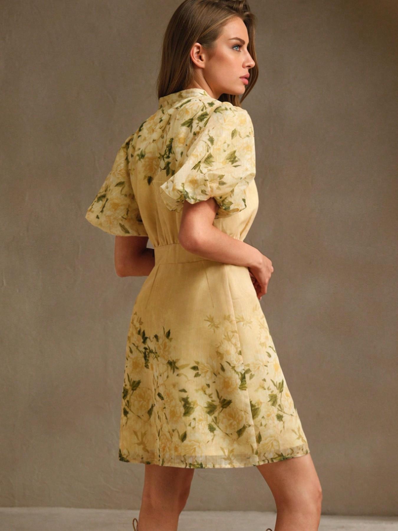 Round Neck Bubble Sleeve Print Button Front A-Line Vacation Dress, Short Skirt for Summer, Casual & Stylish Women's