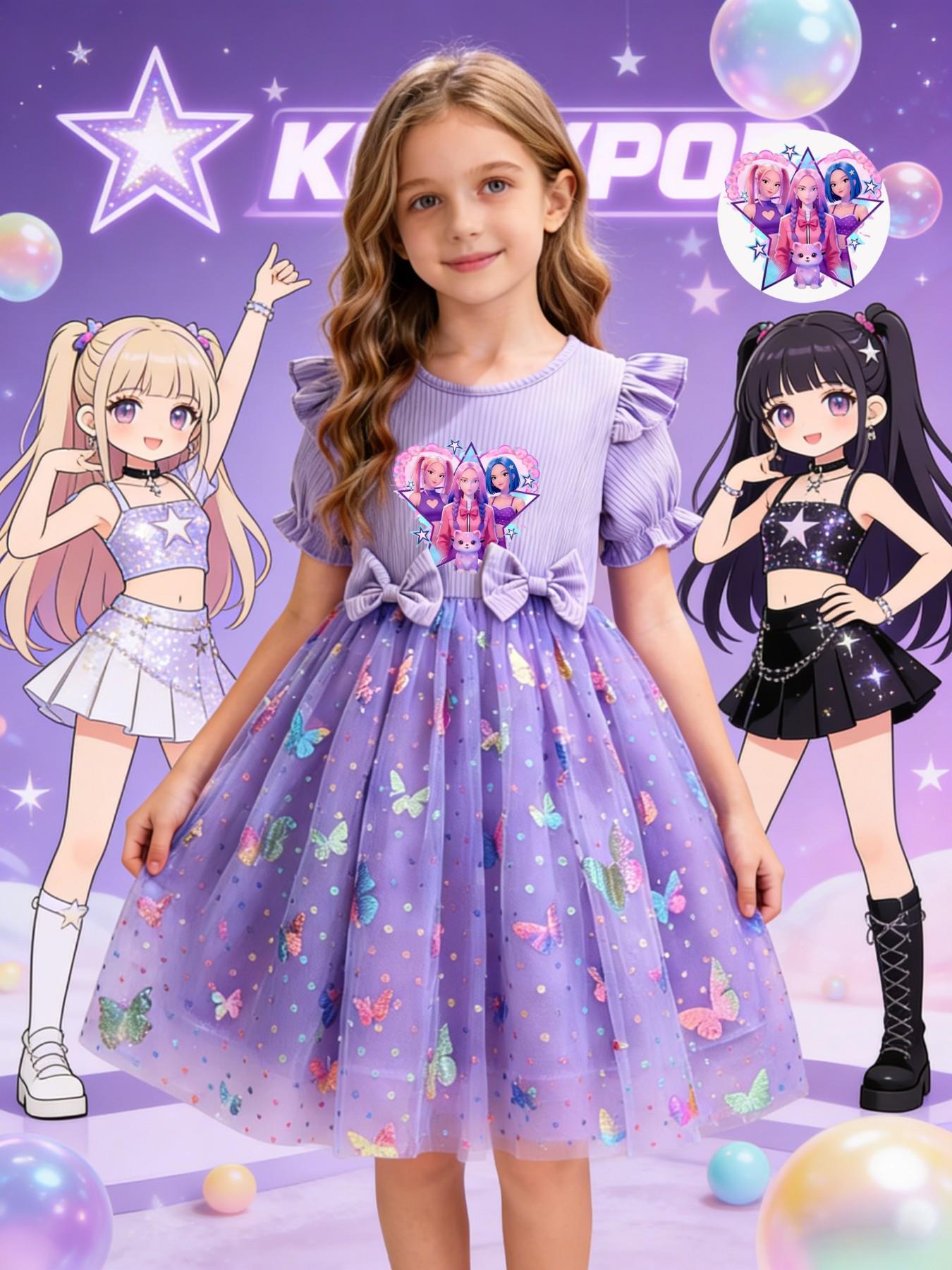 K-Pop Girl Group Sweet Style Girls' Dress, Flutter Sleeve Bow K-Pop Print, Summer Mesh Princess Dress, Cute Floral Pattern, Slim-Fitting