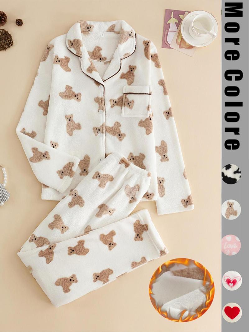 Two-piece Set Women's All Over Cartoon Bear Print Lapel Collar Top & Elastic Waist Pants Pajama Set, Long Sleeve Button Up Top & Pants Pj Set, Women's Sleepwear for Winter