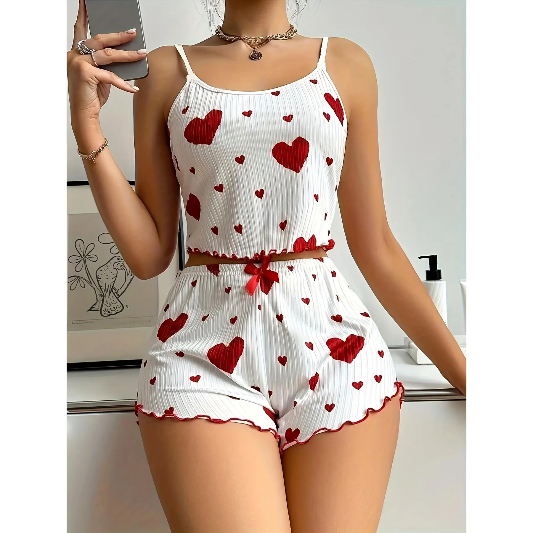 Women's 2-Piece Casual Heart-Print Spaghetti Strap Ruffle Short Sleepwear Set - 95% Polyester 5% Elastane, 180g/m², All-Season, Romantic Valentine Gift for Women, Soft Loungewear Pajamas
