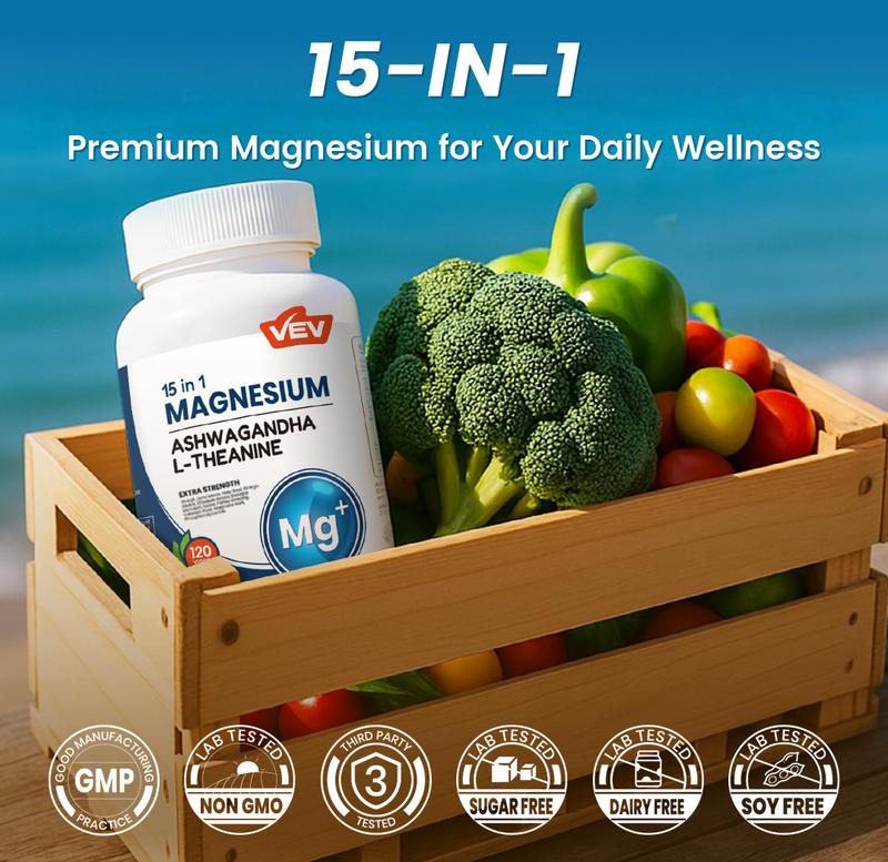 VEV 15 in 1 Magnesium Citrate & Glycinate Complex Capsules, Cortisol Support with Ashwagandha & L-Theanine, Edible Minerals Natural Dietary, 120 Vegan Capsules