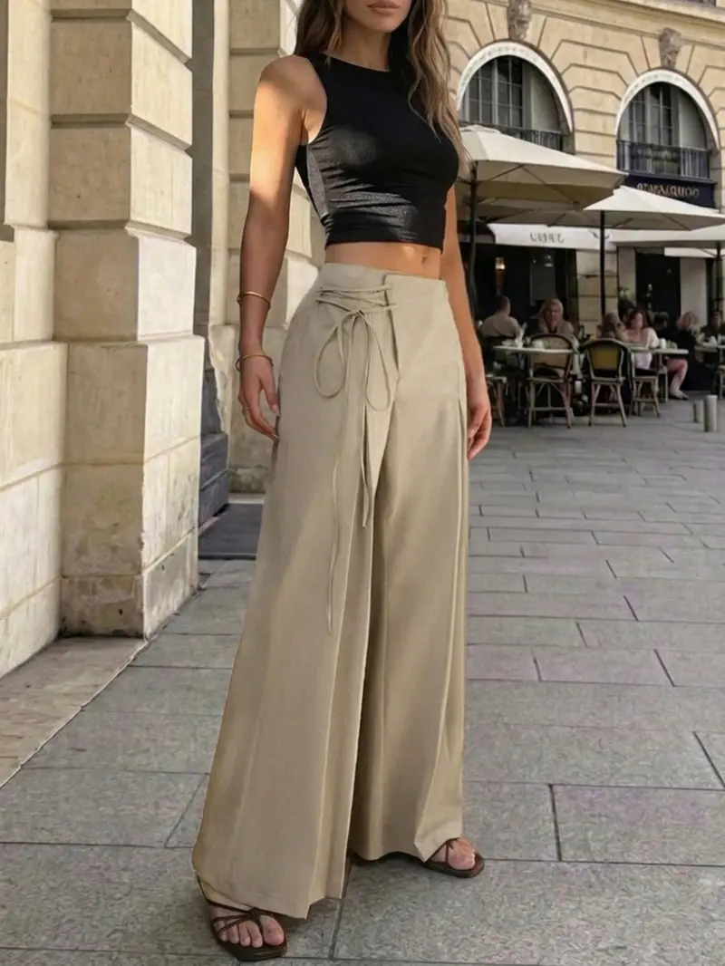 Women's Elegant Chic High-Waist Wide-Leg Pants, Casual Summer Long Pants, Loose Fit Retro Style Plain Bottoms