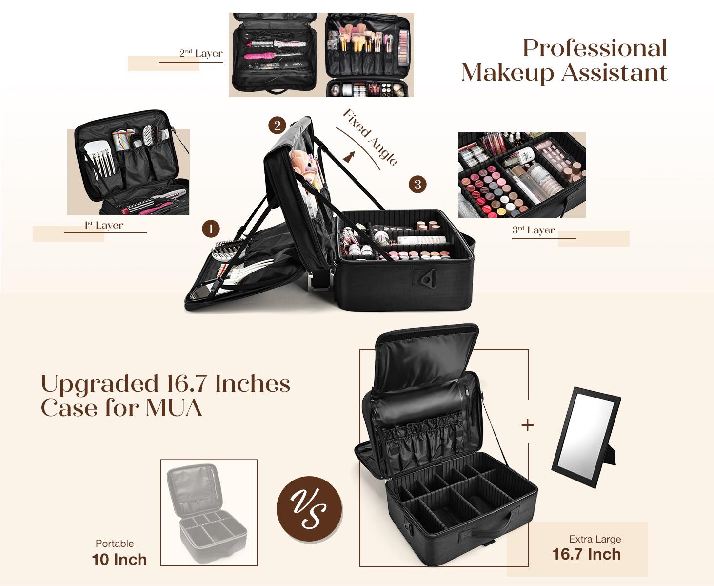 Joligrace Extra Large Makeup Case with Mirror 3 Layers Makeup Train Case Professional Makeup Organizer Box for MUA Travel Nail Cases Bag with Adjustable Dividers Shoulder Strap Trolley Sleeve