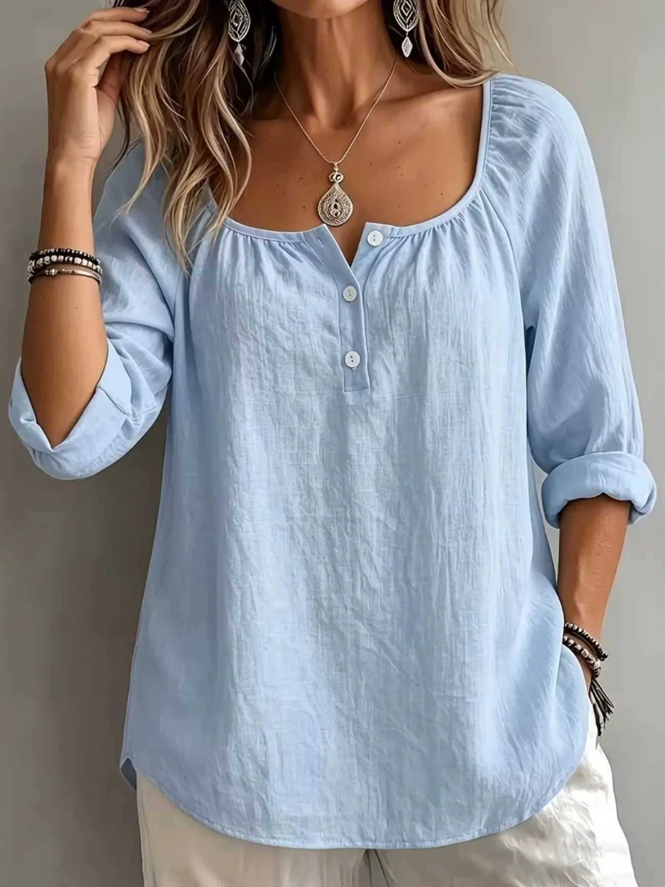 Women's V-Neck Long Sleeve T-Shirt, Loose Fit Solid Color Top, Casual All-Season Wear, Everyday Tops, Perfect for Dates, Walks, Gatherings, Outings