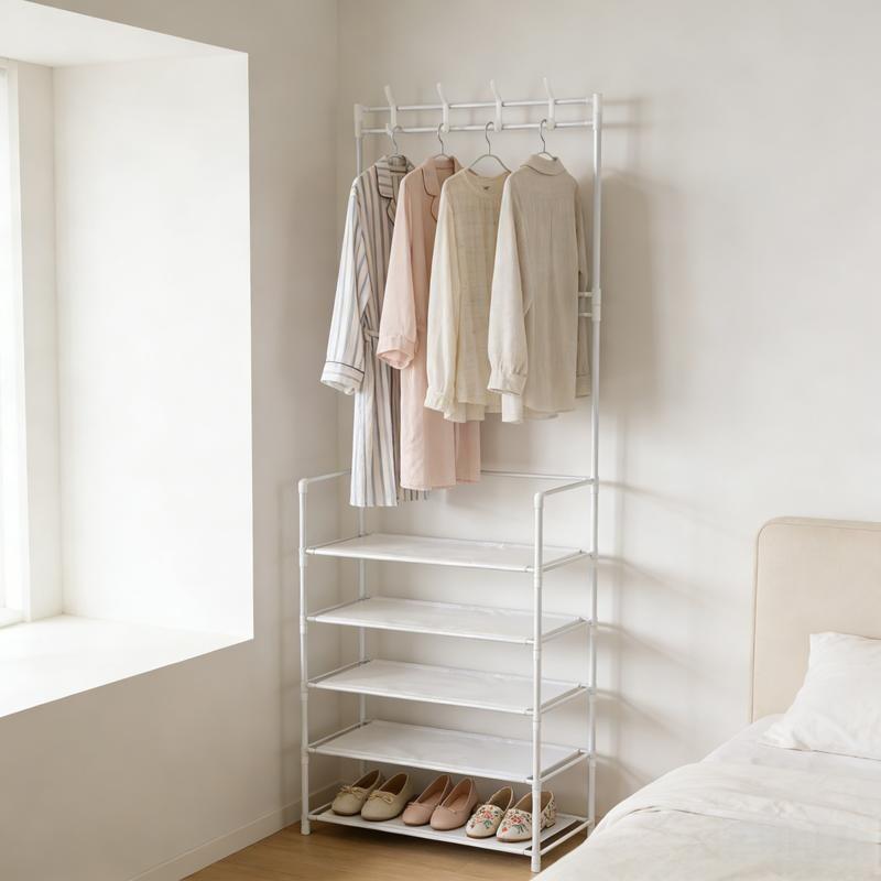 Five-Tier Independent Wardrobe Shoe Rack Combo, Metal Space-Saving Stand, with 8 Hooks and Dual-Sided Shelves