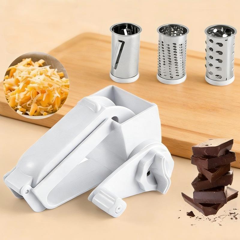Four-piece set includes all accessories, three-in-one multi-functional convenient manual rotary cheese and vegetable potato grater - one contains 3 interchangeable grater rollers, multi-functional kitchen utensils, and meal preparation tools