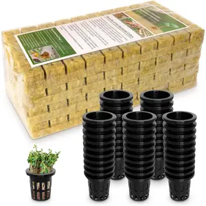 1" Rockwool Cubes for Hydroponics 200 Plugs with 50 Pack 1.5 inch Net Pots Hydroponics Supplies Cups for Rooting, Clone Plants, Starting Seeds, Ideal Rockwool for Hydroponic Growing