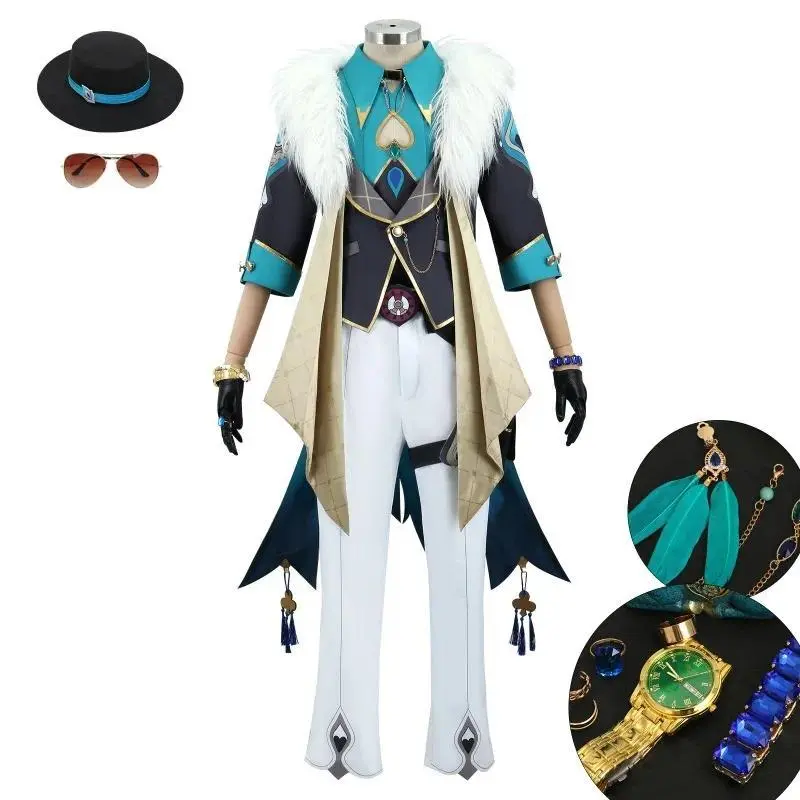 Game HSR Honkai Star Rail Aventurine Cosplay Costume Hat Watch Glasses Wig Men Halloween Carnival Party Role Playing Outfits