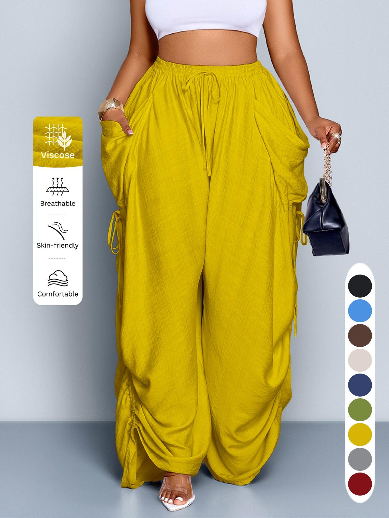 Women's Casual Loose-Fit Wide Leg High Waist Pants, Bottom, All-Season Woven Fabric, Long Plain Design, Daily Commute & Vacation Wear