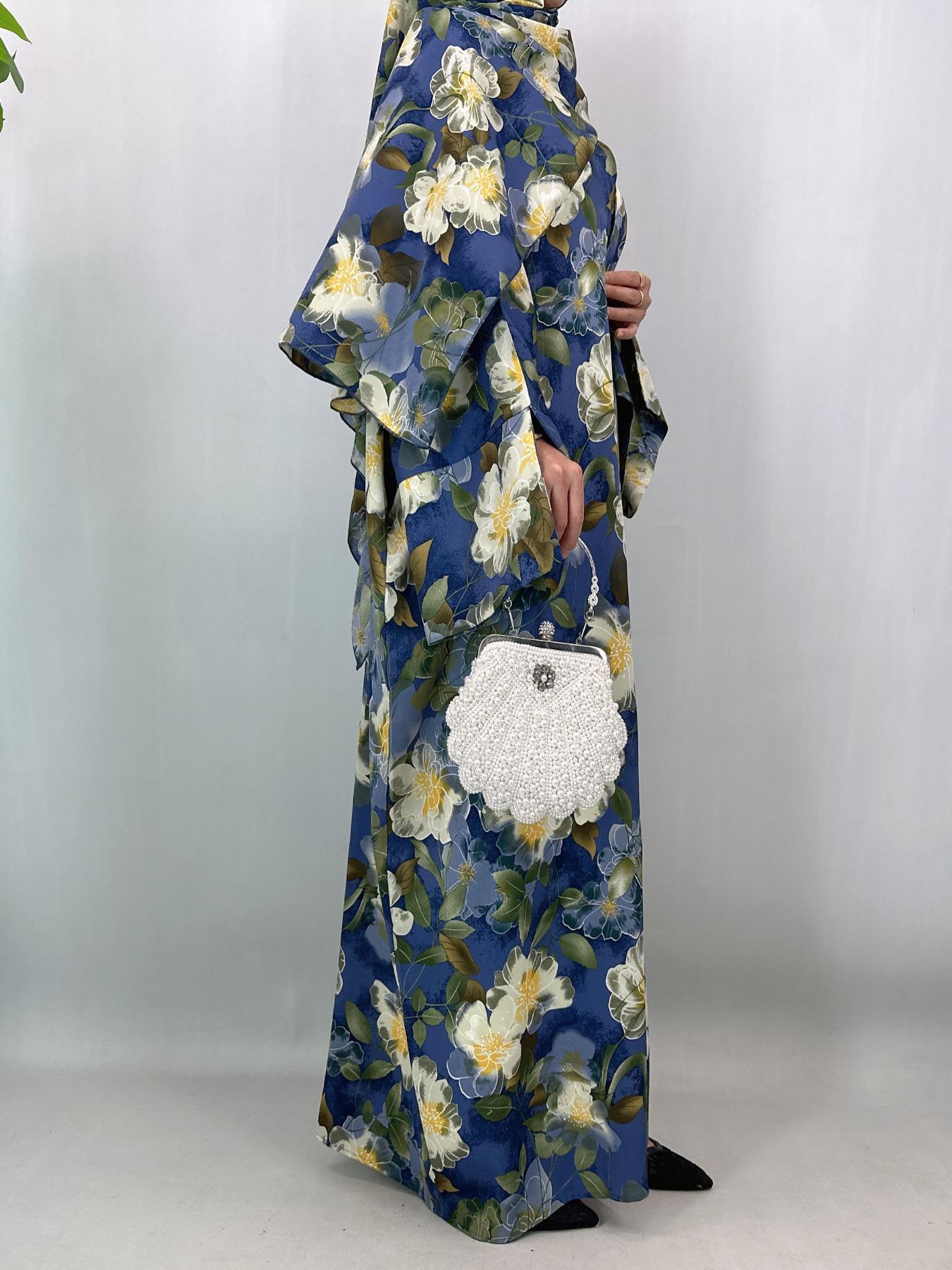 [Includes Hijab]Women's Art Print Batwing Sleeve Long Robe Set with Headscarf, Loose-Fitting Vacation Style Cardigan with Pockets, Fall & Winter Fashion, Abaya Hijab Set