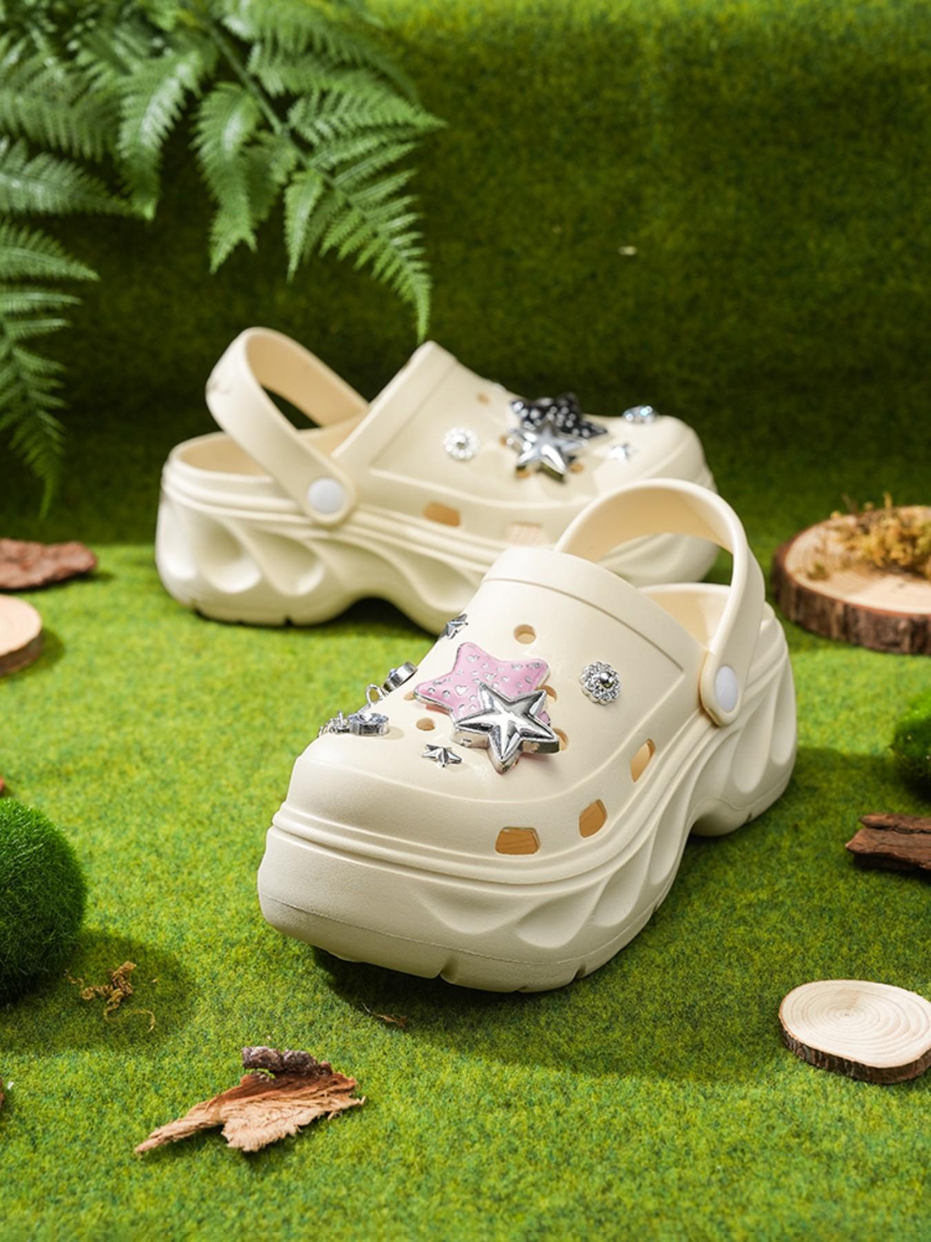 Fashion New Women's Holey Shoes, Floral Embellishment, Fun Hollow Design, Durable Thick Sole, Casual Summer Sandals, Comfortable Slip-Ons