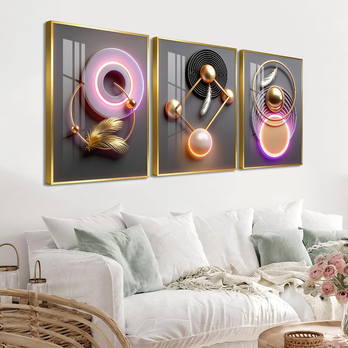 3 Counts Aluminum Alloy Framed Painting, Modern Geometric Feather Art Pictures, Home Decoration For Living Room, Bedroom, Office, Restaurant, Hallway Wall Decor, Odorless Print Artwork, Luxury Perfect Gift For Friends And Family