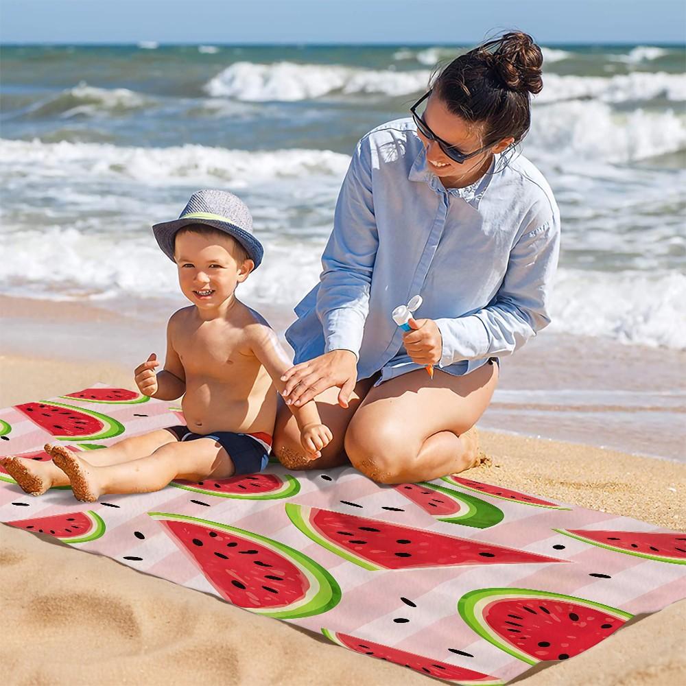 Pink Striped Watermelon Pattern Beach Towel, Lightweight Soft Microfiber Towel, Sand Resistant Quick Dry Bath Towel for Beach Travel Gym, Cute Summer Fruit Themed Towel