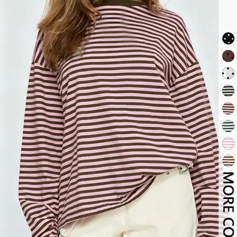 Women's Striped Long Sleeve Top, Casual Versatile Blouse, Stylish Ladies' Fashion Shirt, Perfect for Daily Wear & Layering, Loose Basic Tees