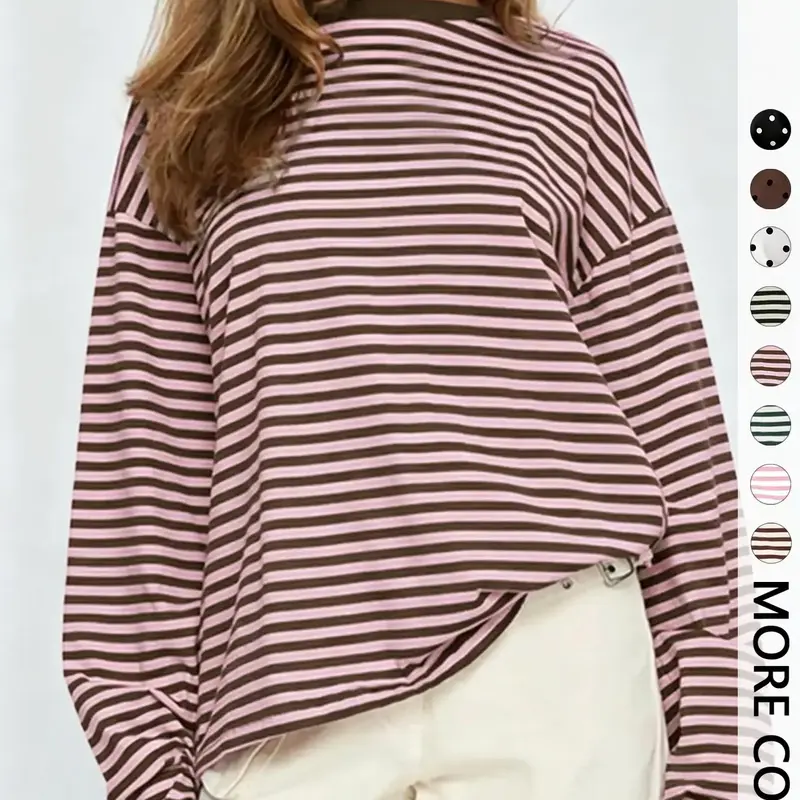 Women's Striped Long Sleeve Top, Casual Versatile Blouse, Stylish Ladies' Fashion Shirt, Perfect for Daily Wear & Layering, Loose Basic Tees