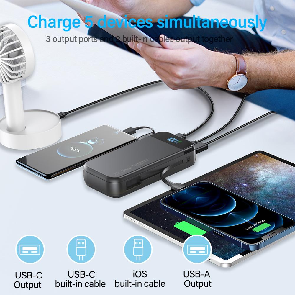 32000mAh Portable Charger with Built-in Cables, 22.5W Super Fast Charging Power Bank, Dual USB Output, 5 Outputs & 3 Inputs, 5 Outputs LCD Display Travel Battery Pack Compatible with iPhone, Samsung All Cell Phones