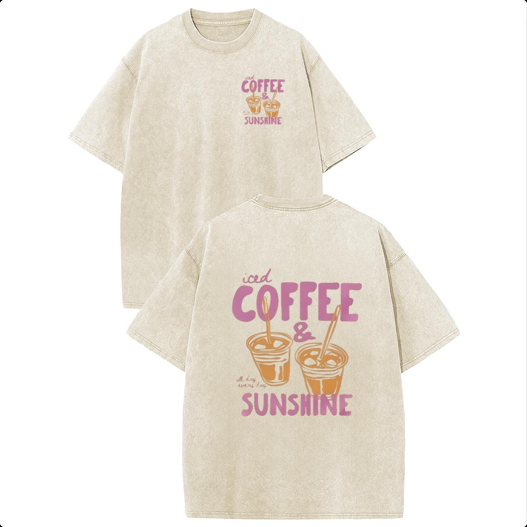 Holafish Oversize Acid Wash Vintage "Iced Coffee & Sunshine" Pattern T-Shirt, Coffee Lover Casual Graphic Tee, Heavyweight Cotton Streetwear Vintage Tees Unisex Crewneck Tshirt
