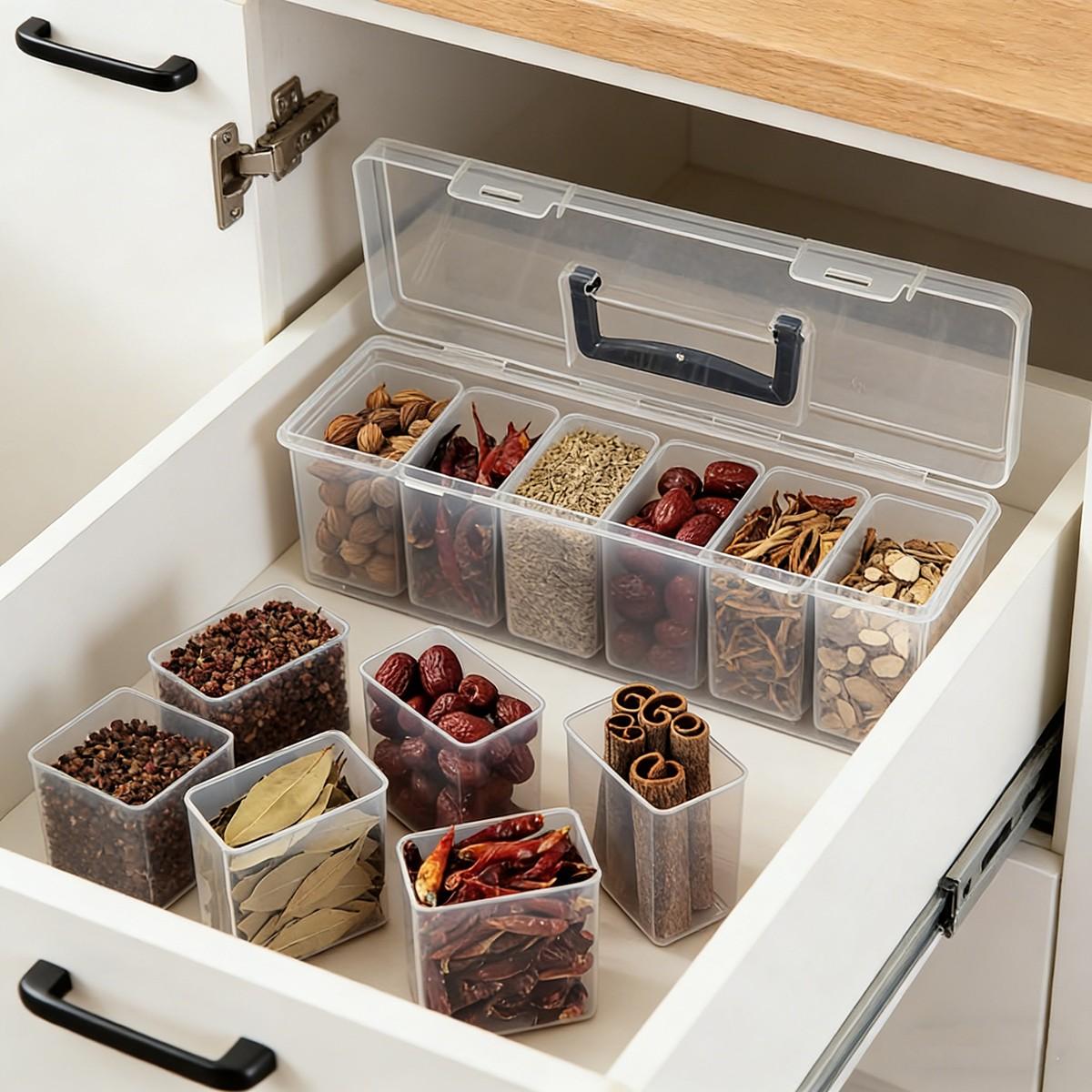 7 PCS Storage Box Set, clear plastic containers for spices, grains, and snacks, easy-access design for kitchen organization, perfect for home cooking, meal prep, and countertop storage