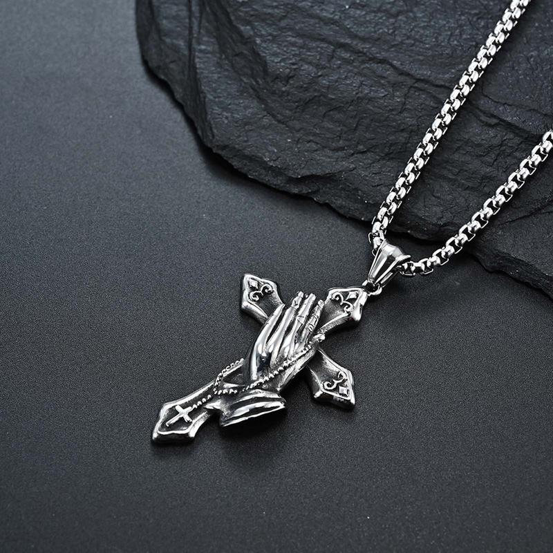 Y2k praying hands stainless steel cross necklace does not fade men and women hip hop jewelry party jewelry couple gift