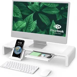 Foldable Height Adjustable Monitor Stand Riser, Computer Desk Shelf Riser with Storage Drawer & Tablet Phone Stand for Desktop Laptop (White)