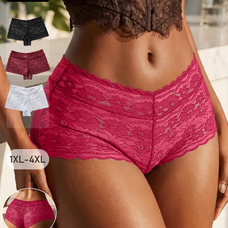 [Plus Size] Solid Lace Boyshorts, Lace Fitted Panty, Breathable Comfortable for Daily Wear, Women's Fashion Soft Comfy Underwear for All Seasons, Casual Soft Panties, Breathable Comfy Innerwear