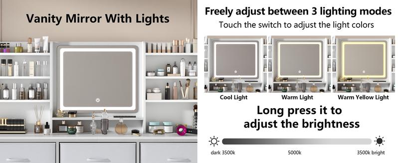 White Vanity Desk with Lighted Mirror, Makeup Vanity Table with 9 Fabric Drawers, 8 Storage Shelves & 3 Lighting Modes, Dressing Table with Mirror and Light for Girls, Women