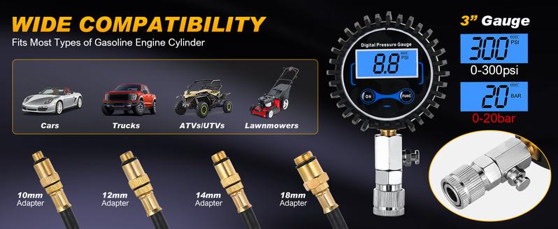 Nilight Compression Tester Kit, Digital Compression Gauge 0-250PSI Automotive Tool for Petrol Gasoline Engine Cylinder Compression Test with Adapter & Hose Digital Tire Wireless Tire Digital Tire Car  dealsforyoudays Truck Vehicle Motor