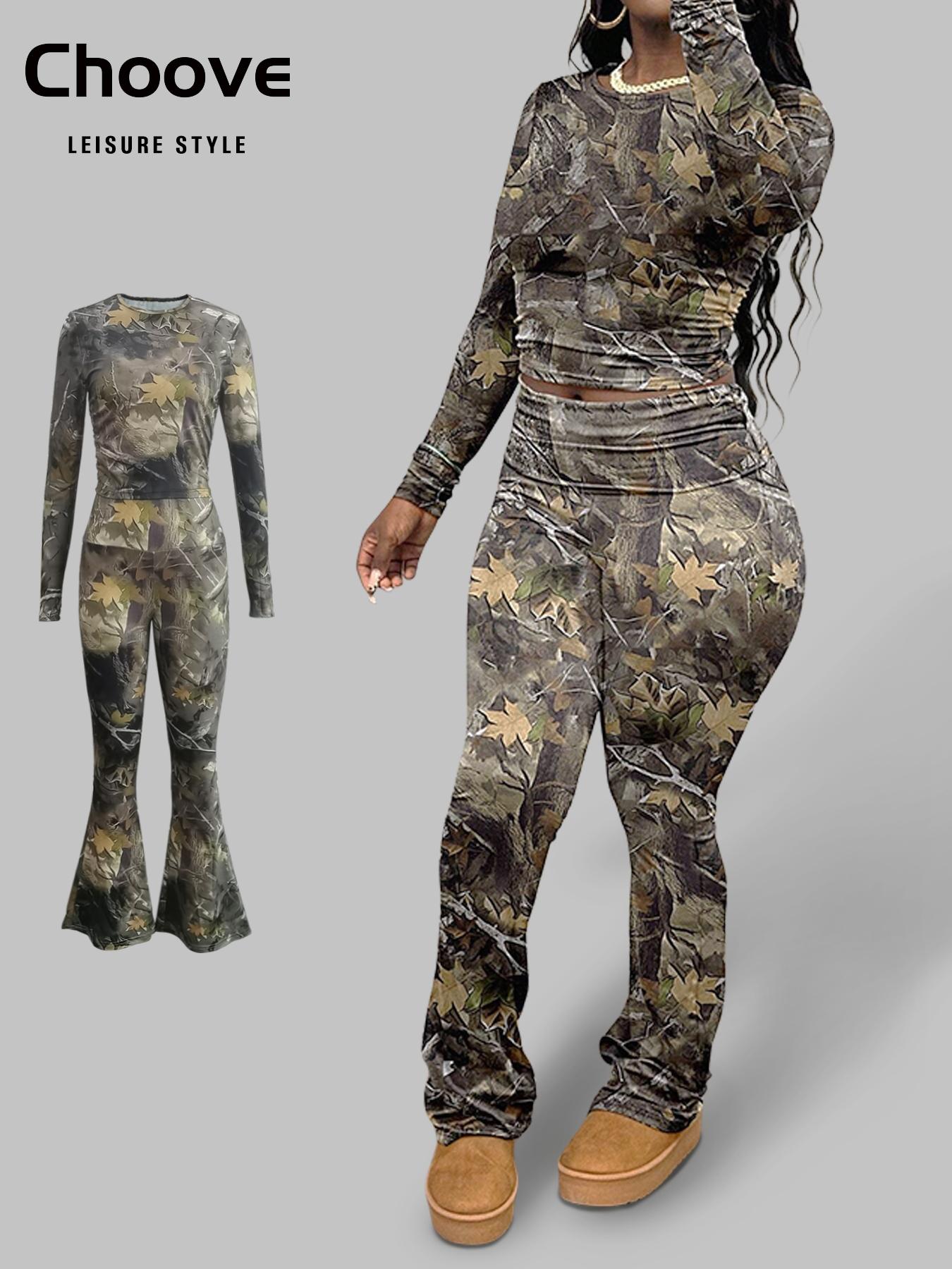 Women's All Over Print Crop Top & Skinny Pants Two-piece Set, Casual Fashion Cozy Breathable Two Piece Outfits for Daily Outdoor Wear, Ladies Clothes for All Seasons, Womenswear