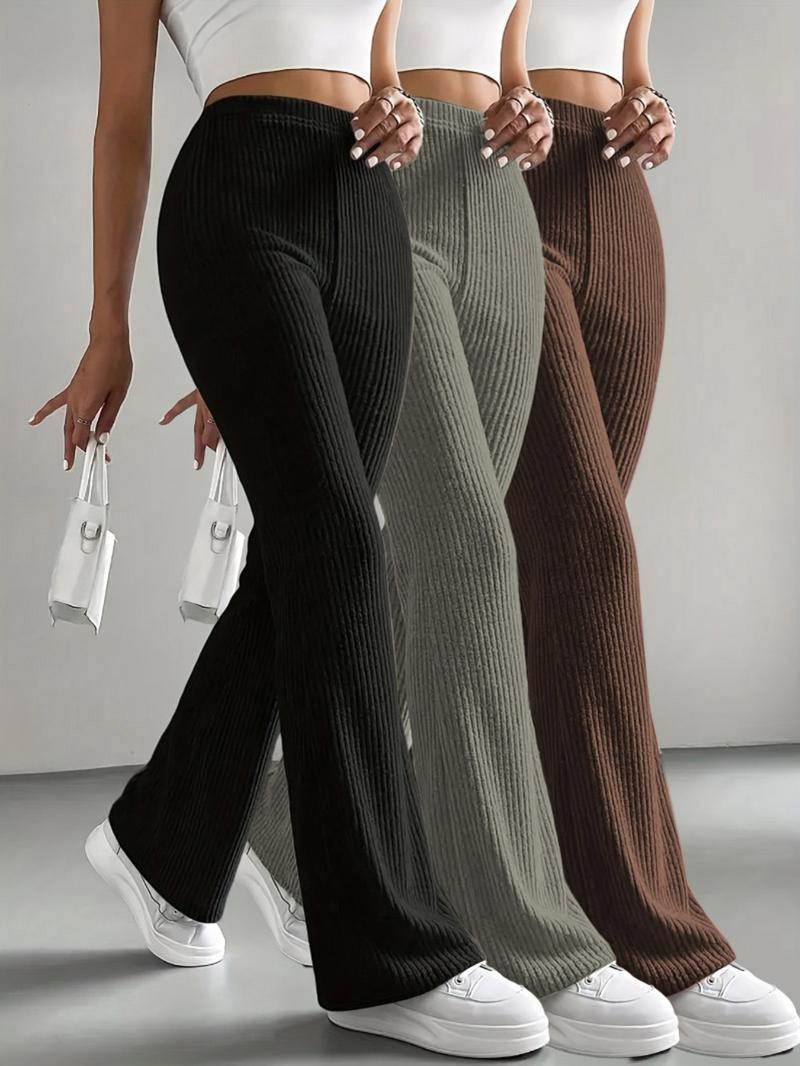 Women's Home Pants Set, 3-Piece Plain Ribbed Striped Straight-Leg Bell Bottoms, Comfortable Casual Long Pants for Spring Fall Winter