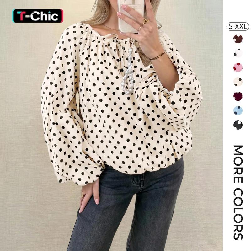 TANKANEO Women's Polka Dot Blouse - Non-Sheer, Casual, Breathable Elastane, Trendy Puff Long Sleeve Bow Tie Boat Neck Going Out Party Tops for Office