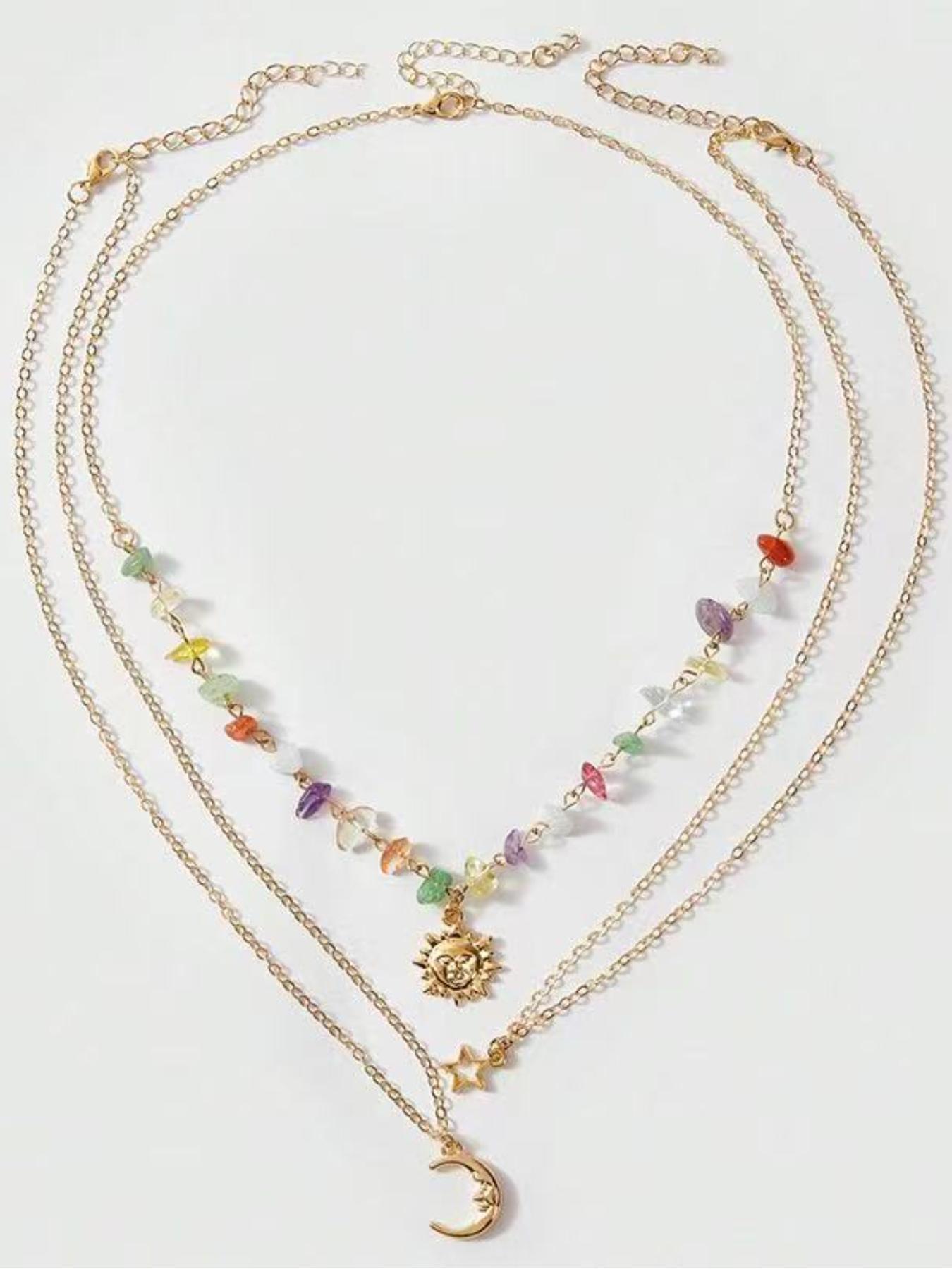 Boho 3 Layered Sun Moon Star Necklace for Women, 7 Chakra Healing Crystal Beaded Pendant Necklace, Bohemian Gold Layered Necklace, Summer Beach Jewelry Gift for Her