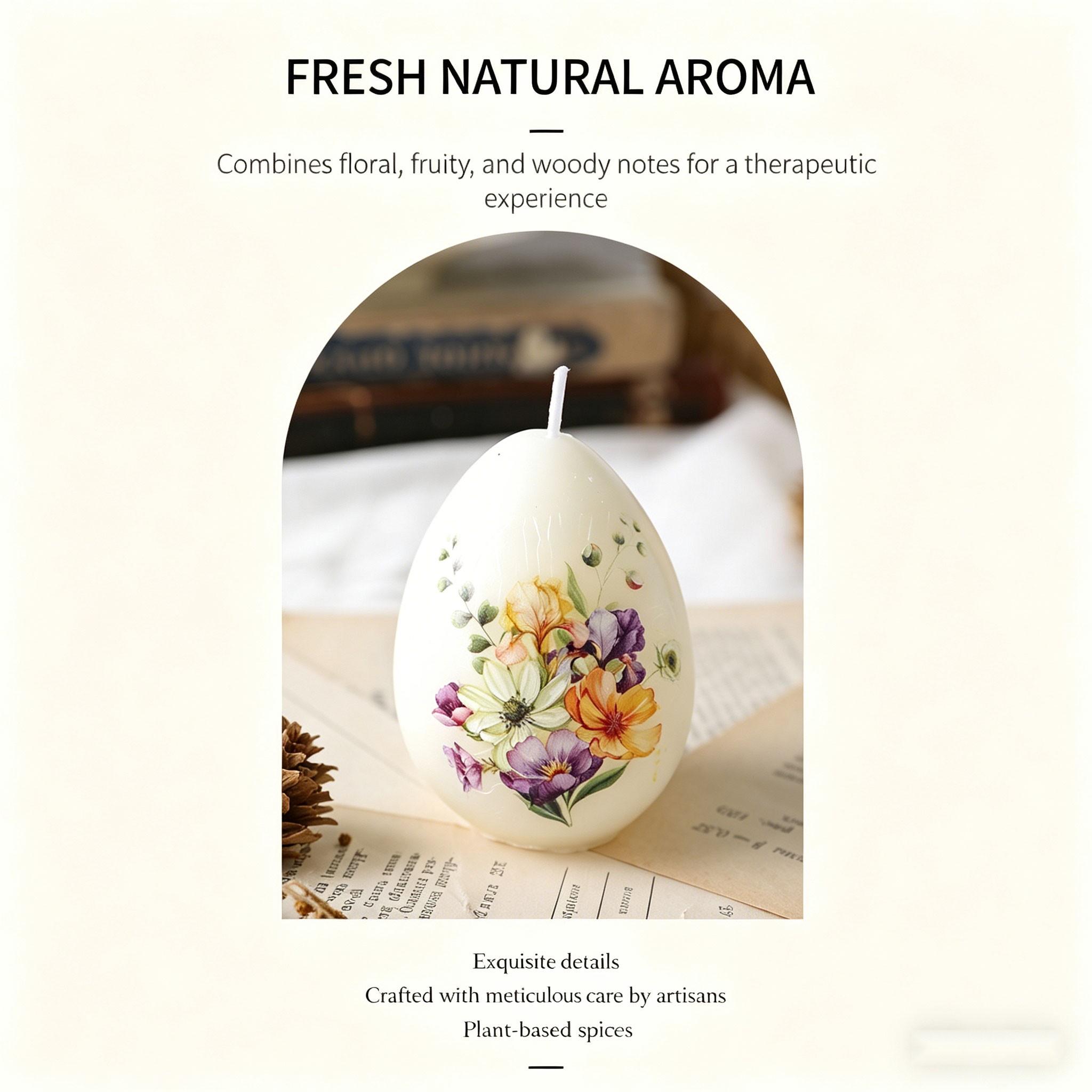 Egg-Shaped Floral Aromatherapy Candle, Hand-Drawn Design, Plant Wax, Natural Scents, Smoke-Free, Easter Decor, Home Fragrance, Gift Idea