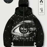 【Black Friday】Unisex Loose Rhinestone-Embellished Zipper Hoodie, Eye Print Warm Fleece-Lined Hooded Sweatshirt, Autumn and Winter Wear, Hip-Hop Street Style Graphic Top for Nightclubs and Music Festivals