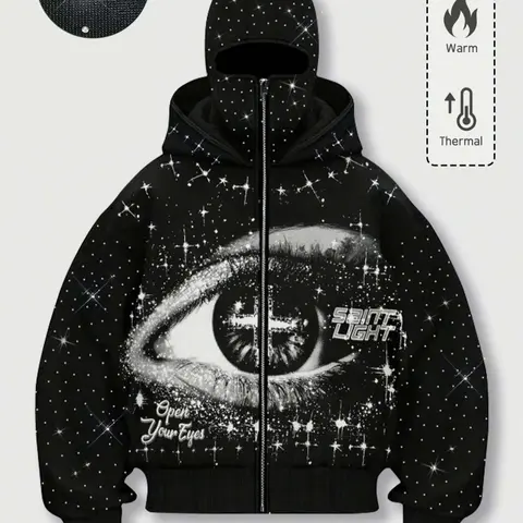 【Black Friday】Unisex Loose Rhinestone-Embellished Zipper Hoodie, Eye Print Warm Fleece-Lined Hooded Sweatshirt, Autumn and Winter Wear, Hip-Hop Street Style Graphic Top for Nightclubs and Music Festivals