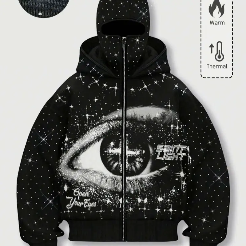 【Black Friday】Unisex Loose Rhinestone-Embellished Zipper Hoodie, Eye Print Warm Fleece-Lined Hooded Sweatshirt, Autumn and Winter Wear, Hip-Hop Street Style Graphic Top for Nightclubs and Music Festivals