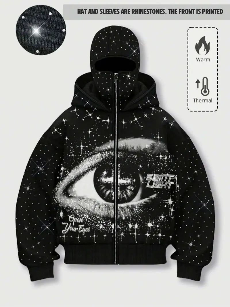 【Black Friday】Unisex Loose Rhinestone-Embellished Zipper Hoodie, Eye Print Warm Fleece-Lined Hooded Sweatshirt, Autumn and Winter Wear, Hip-Hop Street Style Graphic Top for Nightclubs and Music Festivals 【Black Friday】Unisex Loose Rhinestone-Embellished Zipper Hoodie, Eye Print Warm Fleece-Lined Hooded Sweatshirt, Autumn and Winter Wear, Hip-Hop Street Style Graphic Top for Nightclubs and Music Festivals