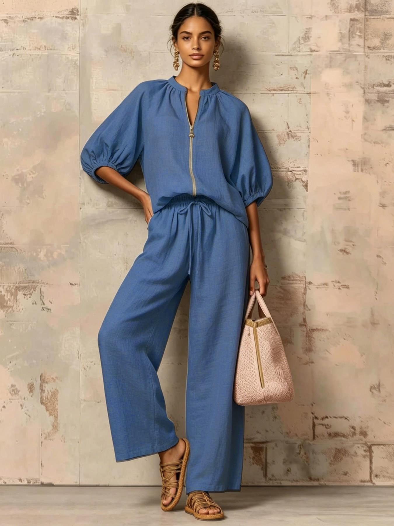 Two piece set of women's vacation casual basic fashion palazzo set Pants Sets Clothes solid color zipper round neck wide leg pants, suitable forallseasons, suitable for vacation, Outdoor, indoor and outdor wear.